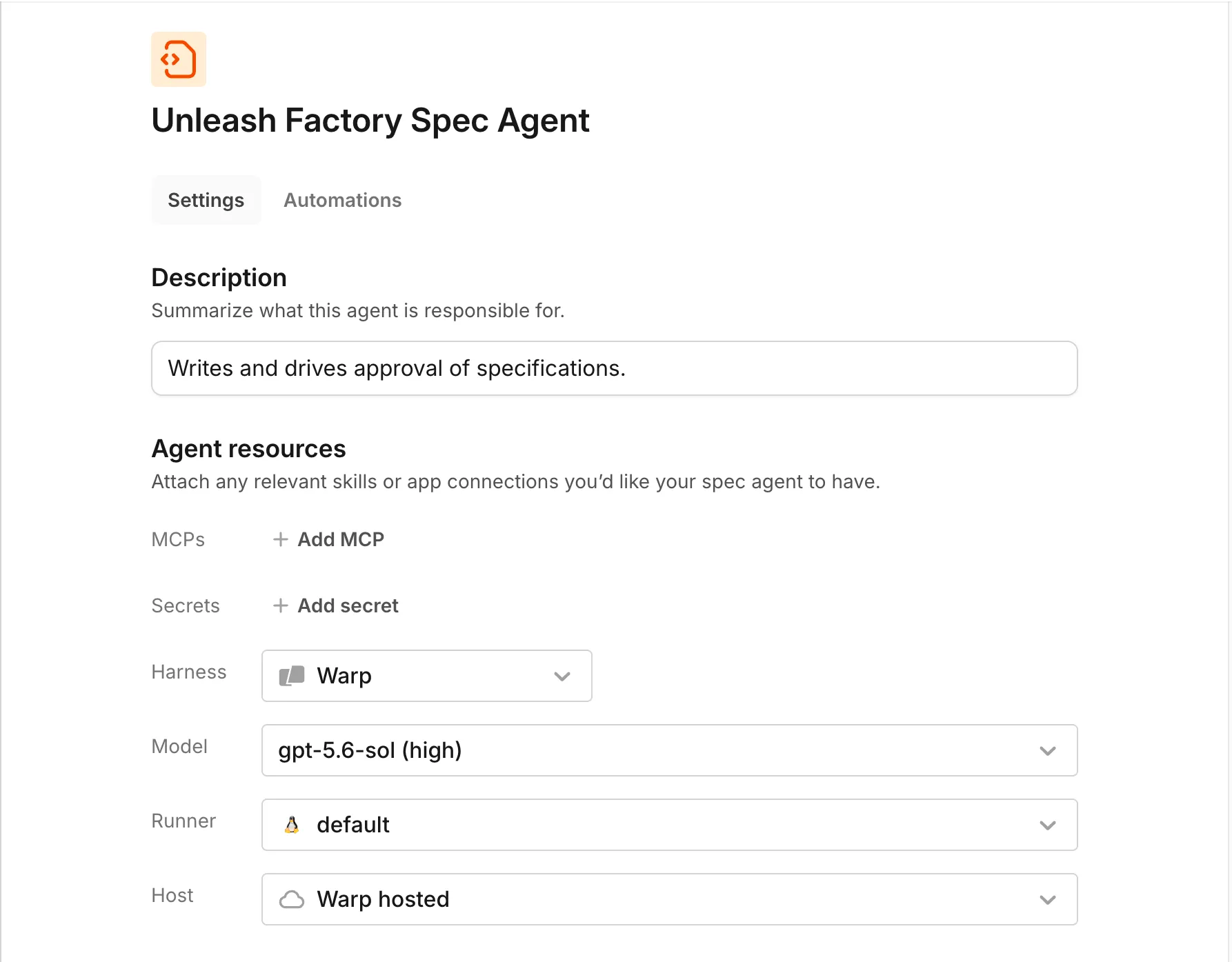 An agent's settings page, showing its description, MCPs, secrets, harness, model, runner, and host fields.